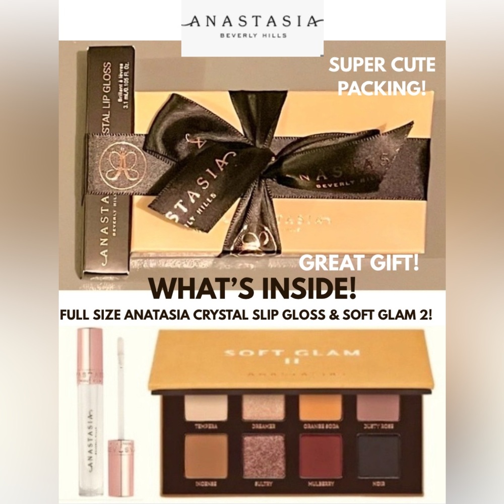 NIB! ANASTASIA 2 FOR 1 SOFT GLAM 2 EYESHADOW PALETTE/CRYSTAL CLEAR LIP GLOSS!